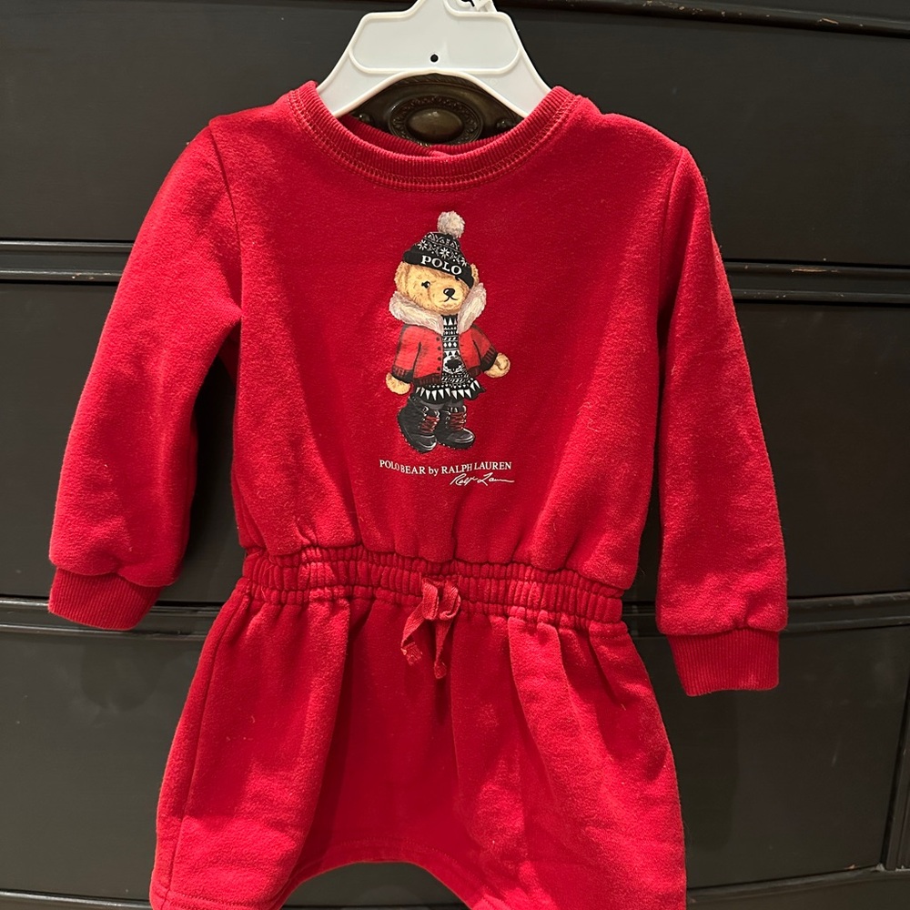 Polo by Ralph Lauren 🐻 6-9 M Red Baby Girl Bear Sweatshirt Dress Christmas